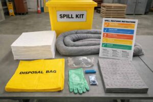 Spill kit contents including absorbent pads, socks, gloves and disposal bags